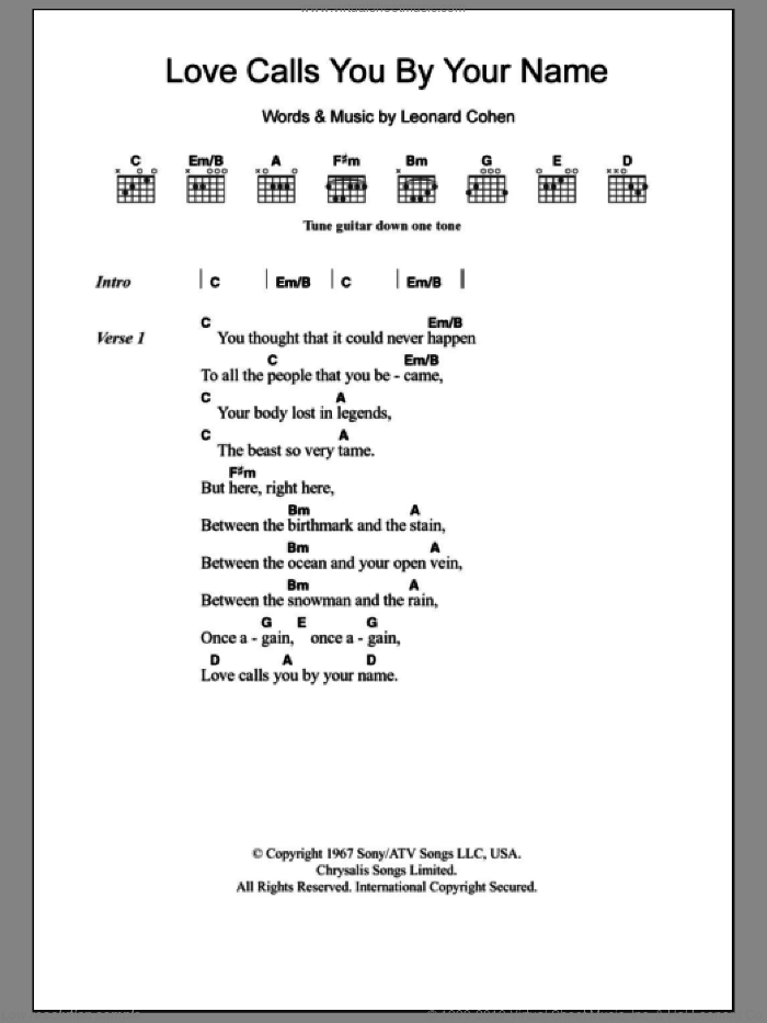 Love Calls You By Your Name sheet music for guitar (chords) by Leonard Cohen, intermediate skill level