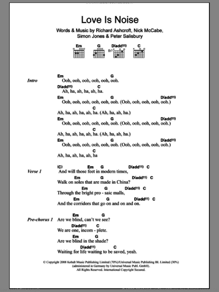 Love Is Noise sheet music for guitar (chords) by The Verve, Nick McCabe, Peter Salisbury, Richard Ashcroft and Simon Jones, intermediate skill level
