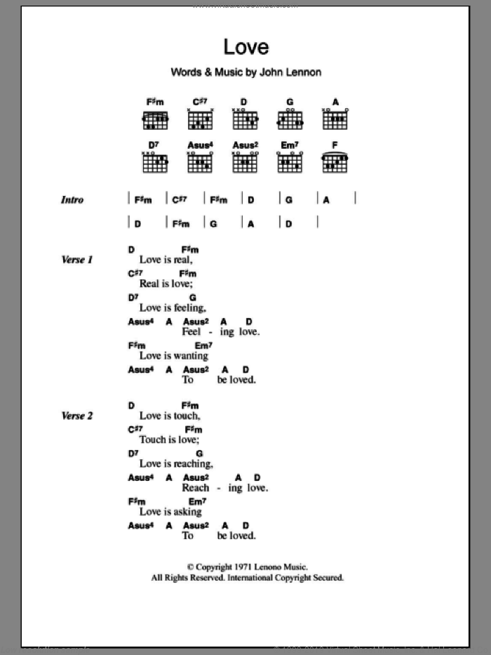 Love sheet music for guitar (chords) by John Lennon, intermediate skill level