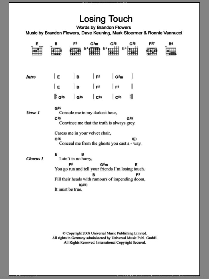 Losing Touch sheet music for guitar (chords) by The Killers, Brandon Flowers, Dave Keuning, Mark Stoermer and Ronnie Vannucci, intermediate skill level