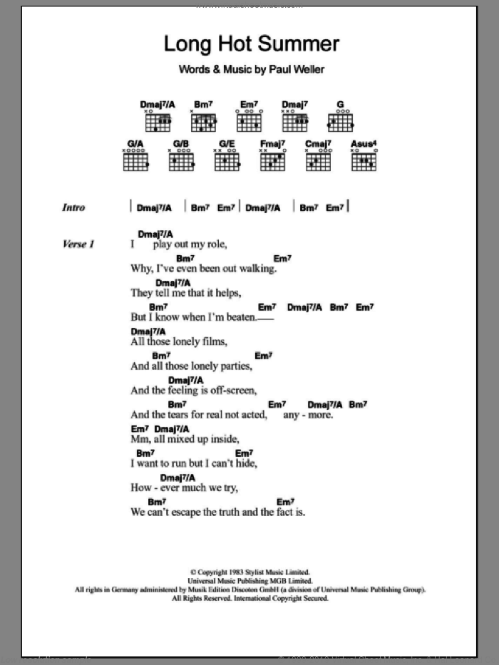 Long Hot Summer sheet music for guitar (chords) by The Style Council and Paul Weller, intermediate skill level