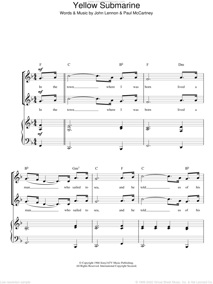 Yellow Submarine (arr. Rick Hein) sheet music for choir (2-Part) by The Beatles, Rick Hein, John Lennon and Paul McCartney, intermediate duet