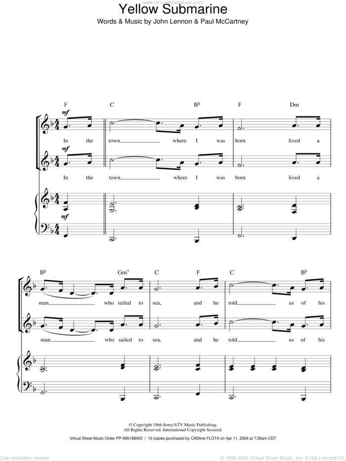 Yellow Submarine (arr. Rick Hein) sheet music for choir (2-Part) by The Beatles, Rick Hein, John Lennon and Paul McCartney, intermediate duet