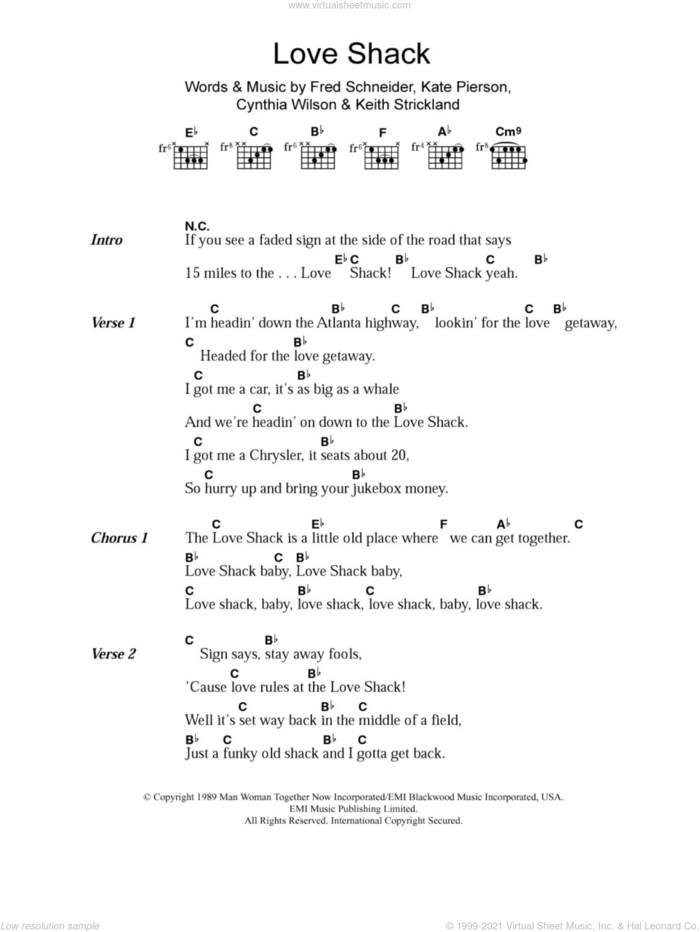 Love Shack sheet music for guitar (chords) by The B-52's, Cynthia Wilson, Fred Schneider, Kate Pierson and Keith Strickland, intermediate skill level