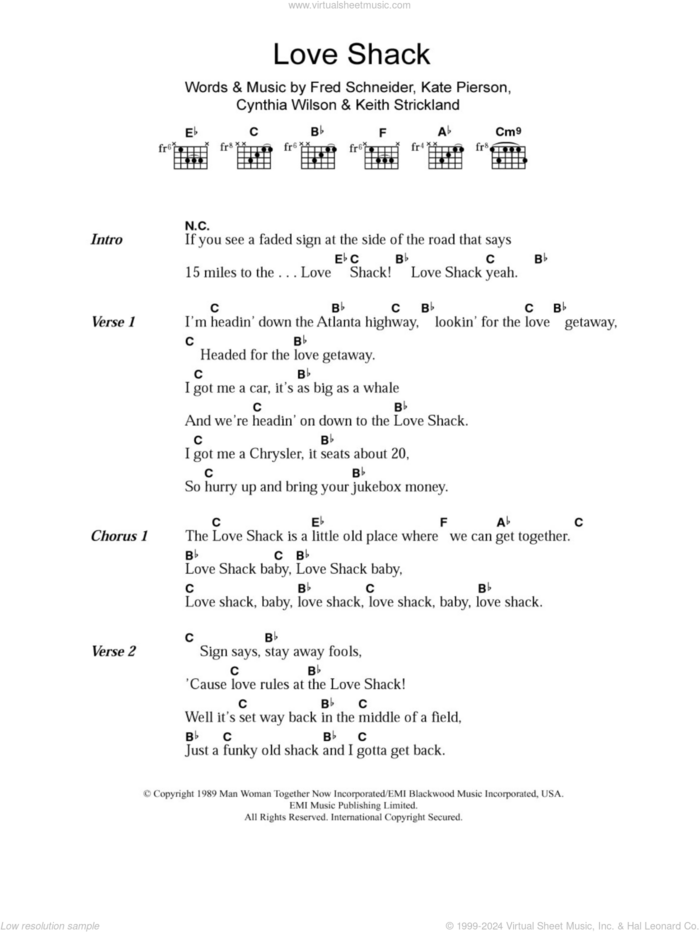 Love Shack sheet music for guitar (chords) by The B-52's, Cynthia Wilson, Fred Schneider, Kate Pierson and Keith Strickland, intermediate skill level