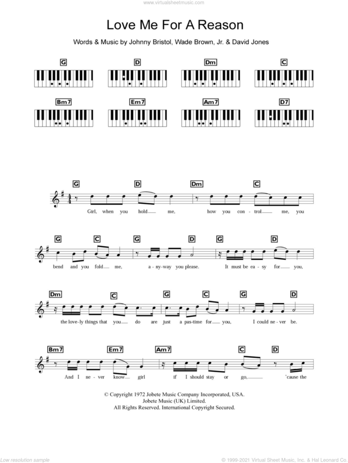 Love Me For A Reason sheet music for piano solo (chords, lyrics, melody) by Boyzone, David Jones, Johnny Bristol and Wade Brown, intermediate piano (chords, lyrics, melody)