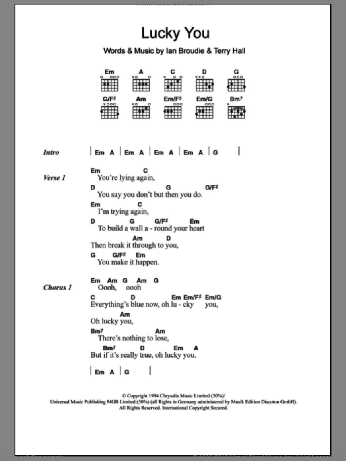 Lucky You sheet music for guitar (chords) by The Lightning Seeds, Lightning Seeds, Ian Broudie and Terry Hall, intermediate skill level