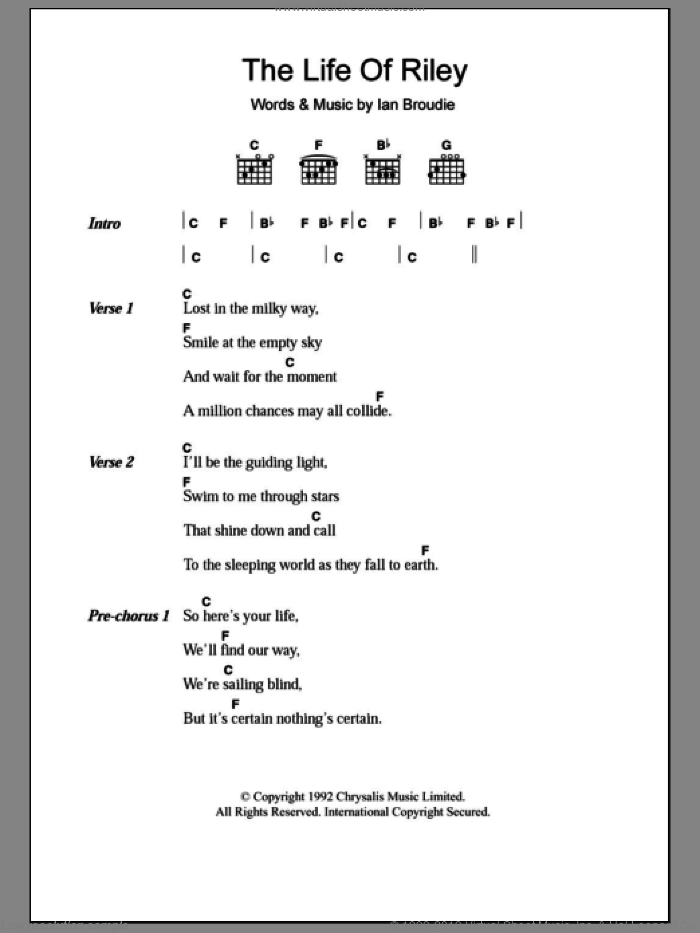 The Life Of Riley sheet music for guitar (chords) by The Lightning Seeds and Ian Broudie, intermediate skill level