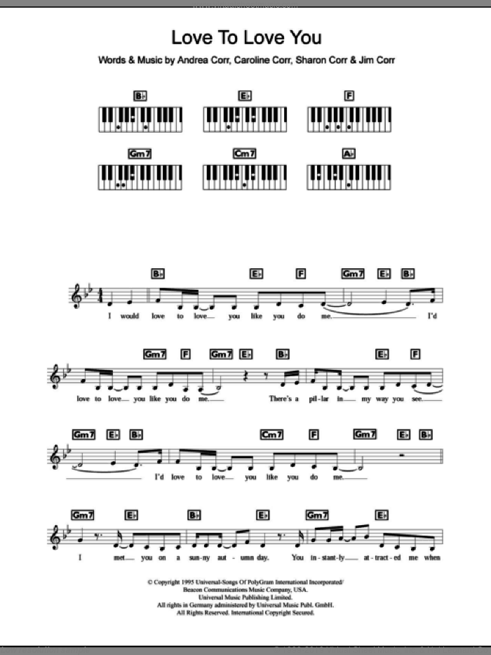 Love To Love You sheet music for piano solo (chords, lyrics, melody) by The Corrs, Andrea Corr, Caroline Corr, Jim Corr and Sharon Corr, intermediate piano (chords, lyrics, melody)