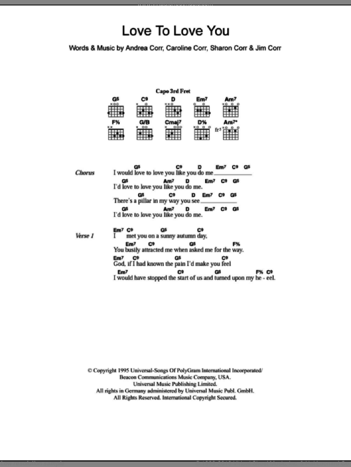 Love To Love You sheet music for guitar (chords) by The Corrs, Andrea Corr, Caroline Corr, Jim Corr and Sharon Corr, intermediate skill level