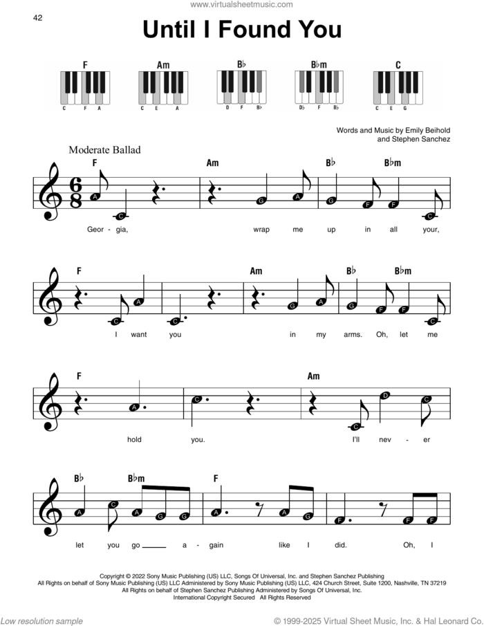 Until I Found You, (beginner) sheet music for piano solo by Stephen Sanchez and Emily Beihold, beginner skill level