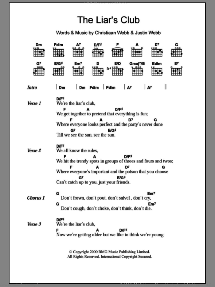 The Liar's Club sheet music for guitar (chords) by The Webb Brothers, Christiaan Webb and Justin Webb, intermediate skill level