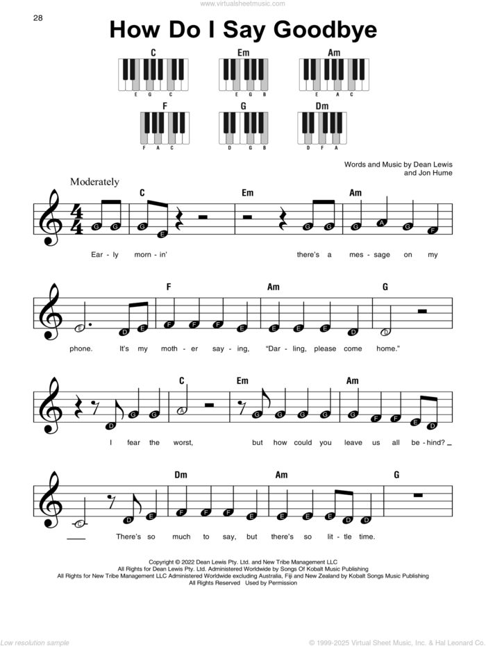 How Do I Say Goodbye sheet music for piano solo by Dean Lewis and Jon Hume, beginner skill level