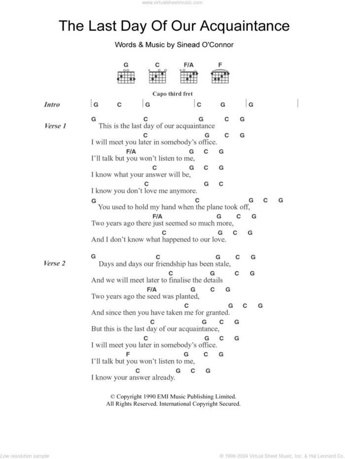 The Last Day Of Our Acquaintance sheet music for guitar (chords) by Sinead O'Connor, intermediate skill level