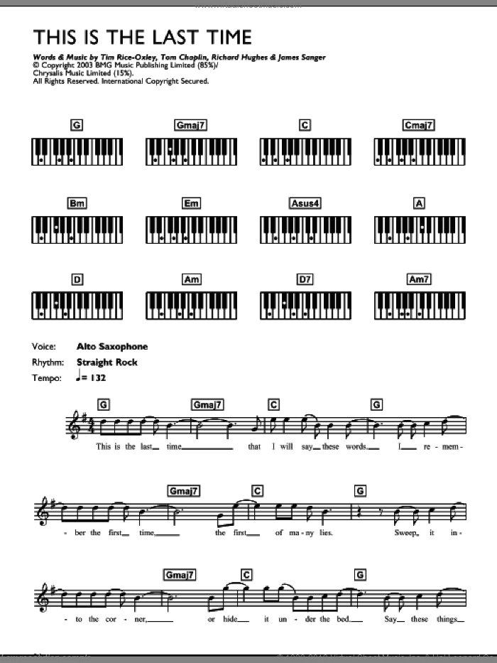 This Is The Last Time sheet music for piano solo (chords, lyrics, melody) by Tim Rice-Oxley, James Sanger, Richard Hughes and Tom Chaplin, intermediate piano (chords, lyrics, melody)