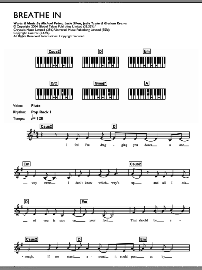 Breathe In sheet music for piano solo (chords, lyrics, melody) by Lucie Silvas, Graham Kearns, Judie Tzuke and Michael Peden, intermediate piano (chords, lyrics, melody)