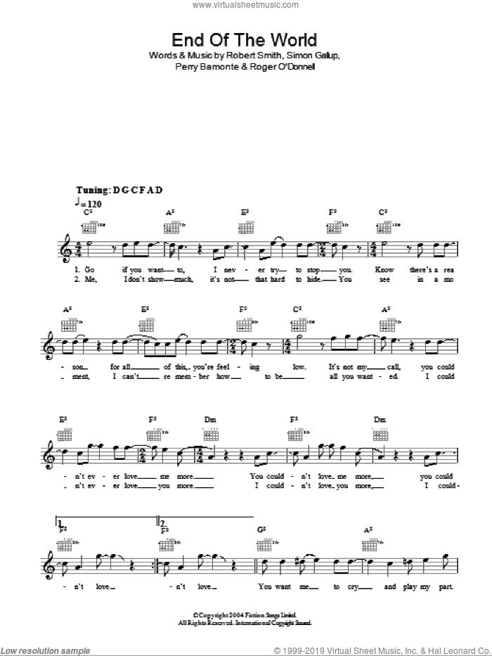 The End Of The World sheet music for voice and other instruments (fake book) by The Cure, Perry Bamonte, Robert Smith and Simon Gallup, intermediate skill level