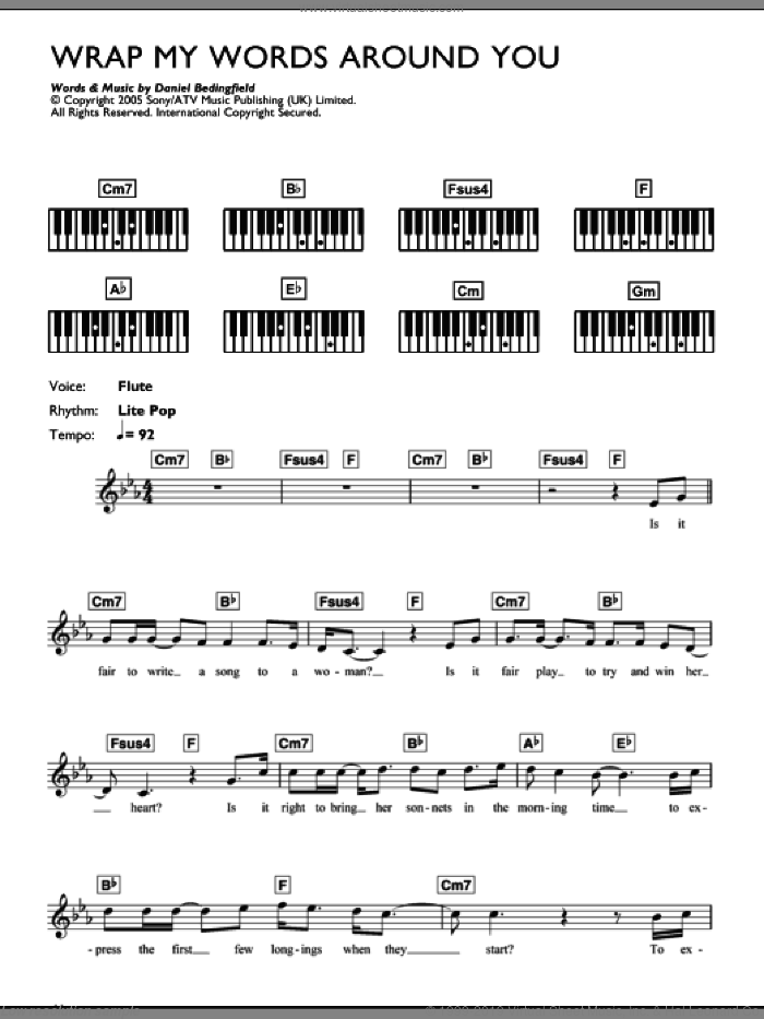 Wrap My Words Around You sheet music for piano solo (chords, lyrics, melody) by Daniel Bedingfield, intermediate piano (chords, lyrics, melody)