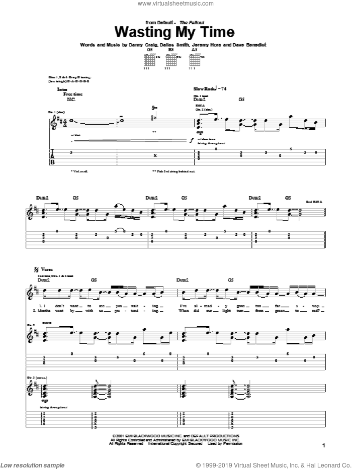 Wasting My Time sheet music for guitar (tablature) by Default, Dallas Smith, Danny Craig and Dave Benedict, intermediate skill level