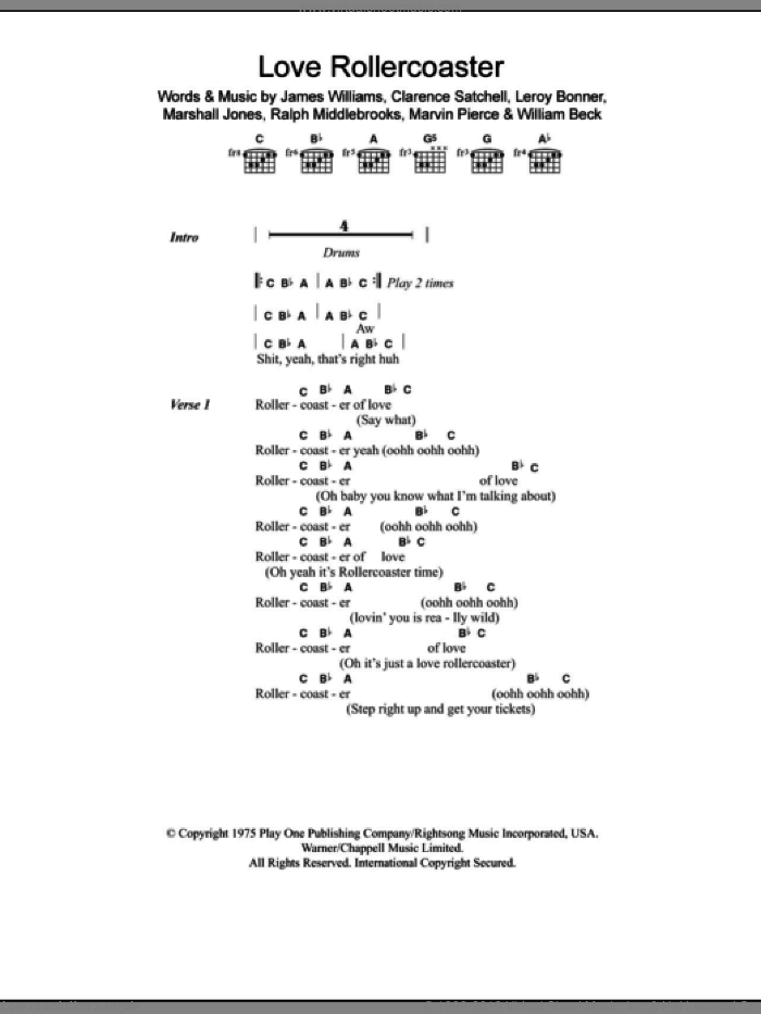 Love Rollercoaster sheet music for guitar (chords) by Ohio Players, Clarence Satchell, James Williams, Leroy Bonner, Marshall Jones, Marvin Pierce, Ralph Middlebrooks and Willie Beck, intermediate skill level
