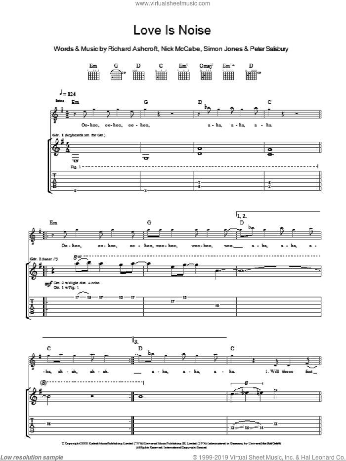 Love Is Noise sheet music for guitar (tablature) by The Verve, Nick McCabe, Peter Salisbury, Richard Ashcroft and Simon Jones, intermediate skill level