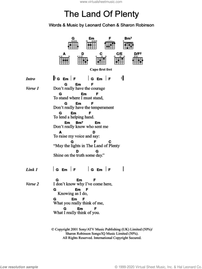 The Land Of Plenty sheet music for guitar (chords) by Leonard Cohen and Sharon Robinson, intermediate skill level