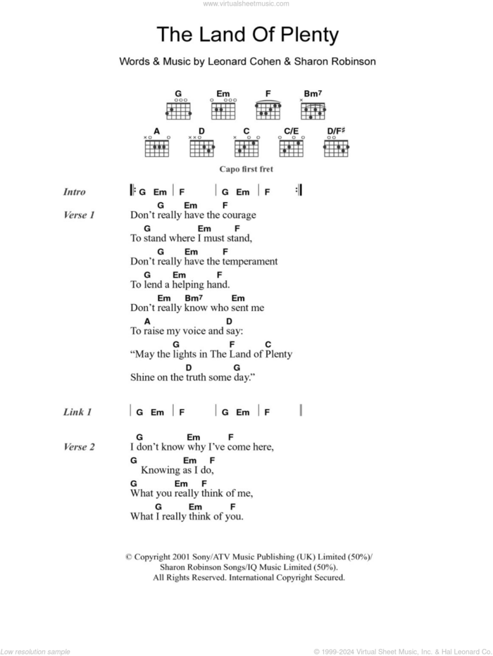 The Land Of Plenty sheet music for guitar (chords) by Leonard Cohen and Sharon Robinson, intermediate skill level