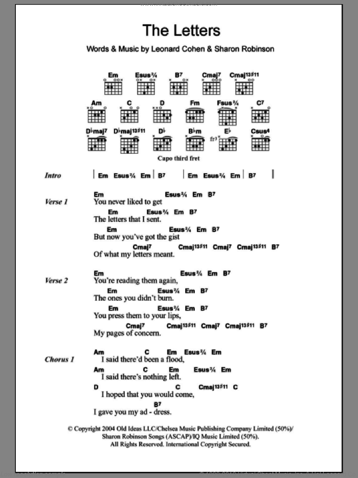 The Letters sheet music for guitar (chords) by Leonard Cohen and Sharon Robinson, intermediate skill level
