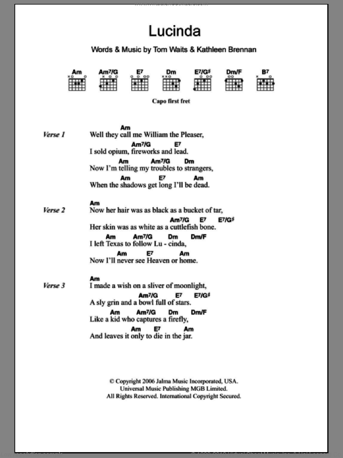 Lucinda sheet music for guitar (chords) by Tom Waits and Kathleen Brennan, intermediate skill level