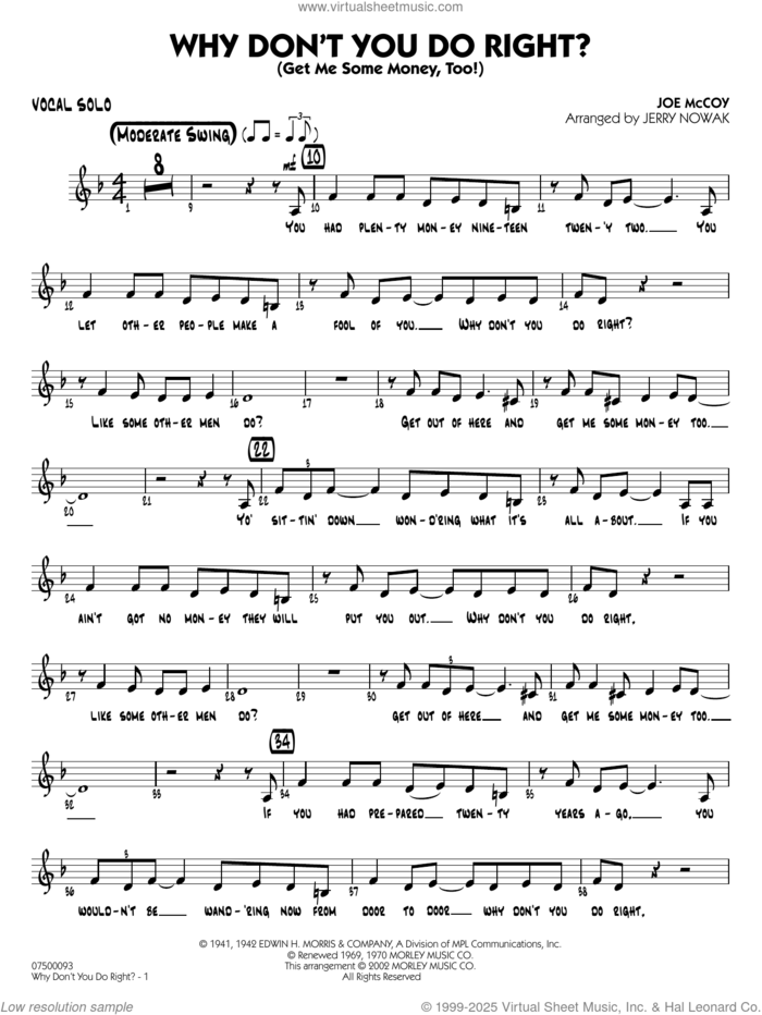 Why Don't You Do Right (arr. Jerry Nowak)  sheet music for jazz band (vocal solo) by Peggy Lee, Jerry Nowak and Joe McCoy, intermediate jazz band (vocal)