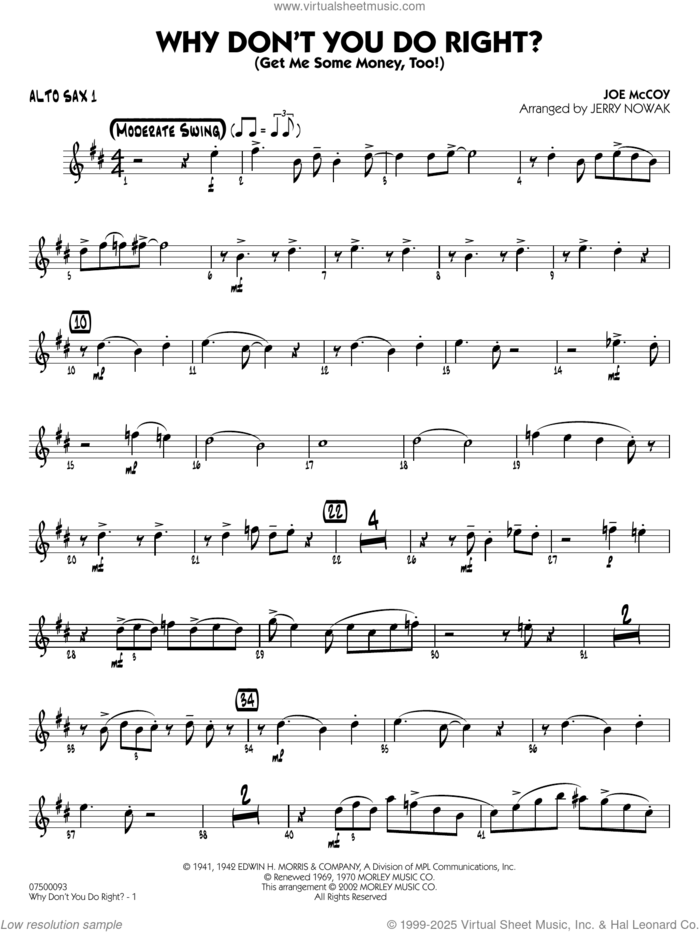 Why Don't You Do Right (arr. Jerry Nowak)  sheet music for jazz band (alto sax 1) by Peggy Lee, Jerry Nowak and Joe McCoy, intermediate skill level