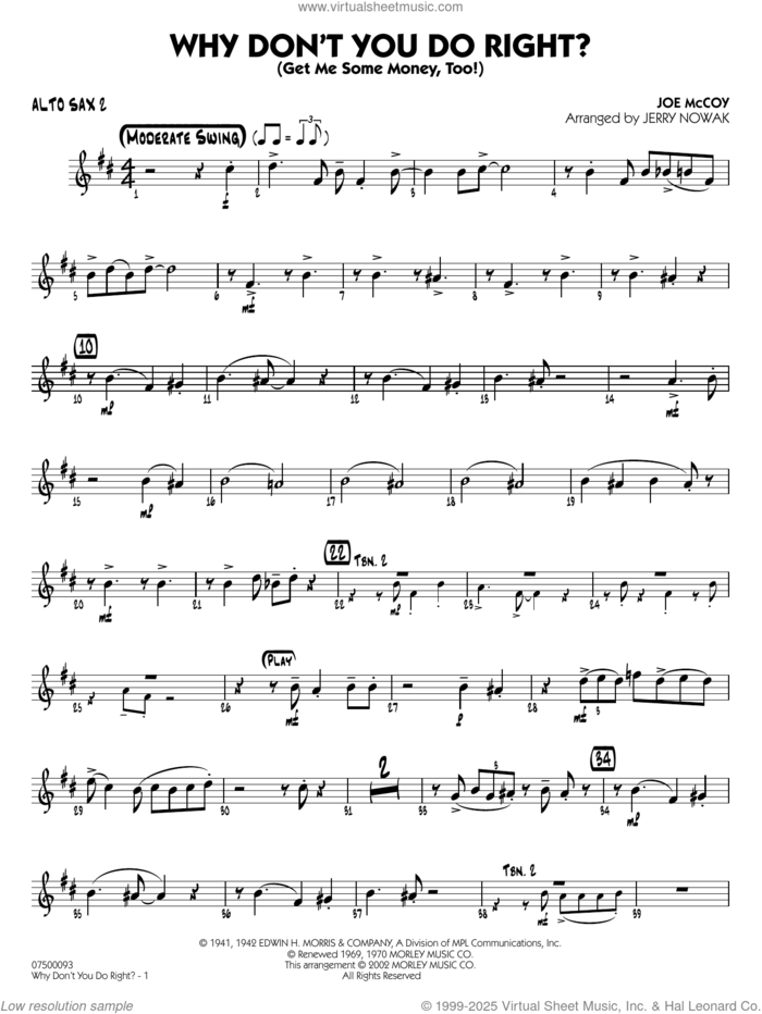 Why Don't You Do Right (arr. Jerry Nowak)  sheet music for jazz band (alto sax 2) by Peggy Lee, Jerry Nowak and Joe McCoy, intermediate skill level
