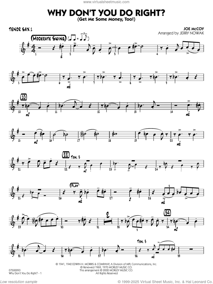Why Don't You Do Right (arr. Jerry Nowak)  sheet music for jazz band (tenor sax 1) by Peggy Lee, Jerry Nowak and Joe McCoy, intermediate skill level