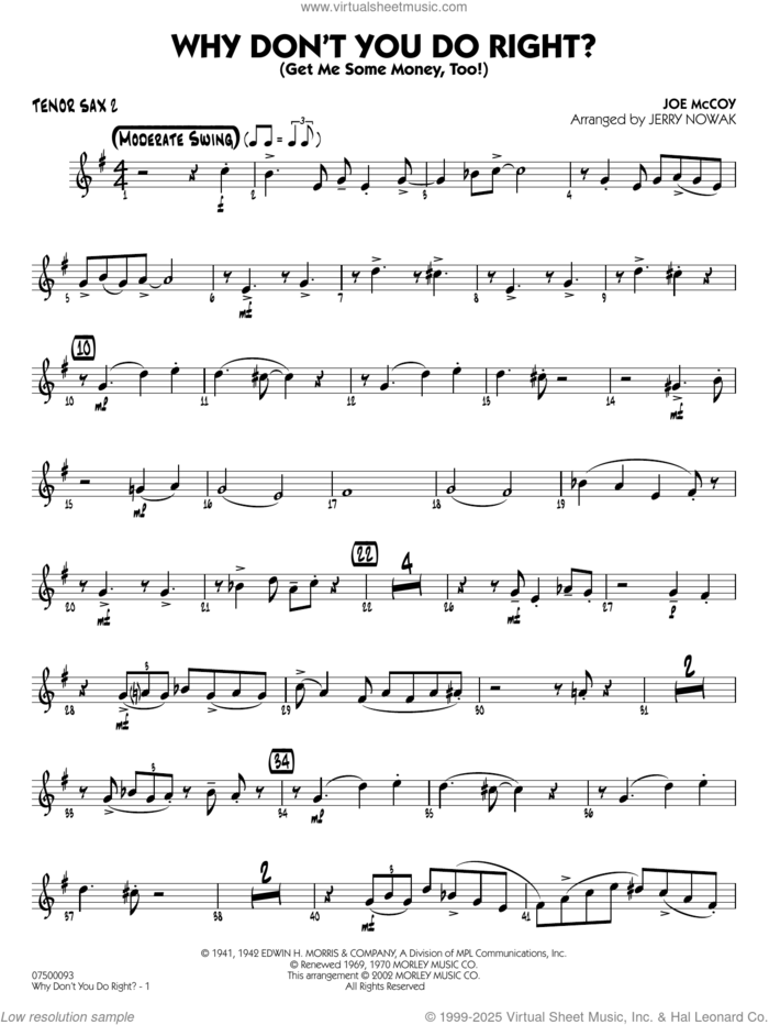 Why Don't You Do Right (arr. Jerry Nowak)  sheet music for jazz band (tenor sax 2) by Peggy Lee, Jerry Nowak and Joe McCoy, intermediate skill level