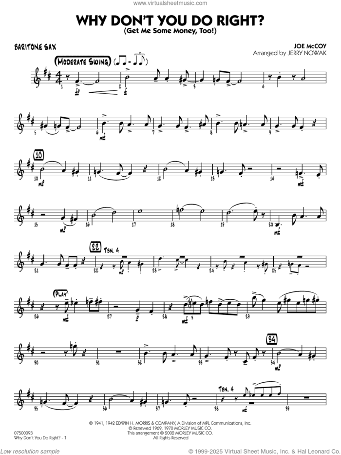 Why Don't You Do Right (arr. Jerry Nowak)  sheet music for jazz band (baritone sax) by Peggy Lee, Jerry Nowak and Joe McCoy, intermediate skill level