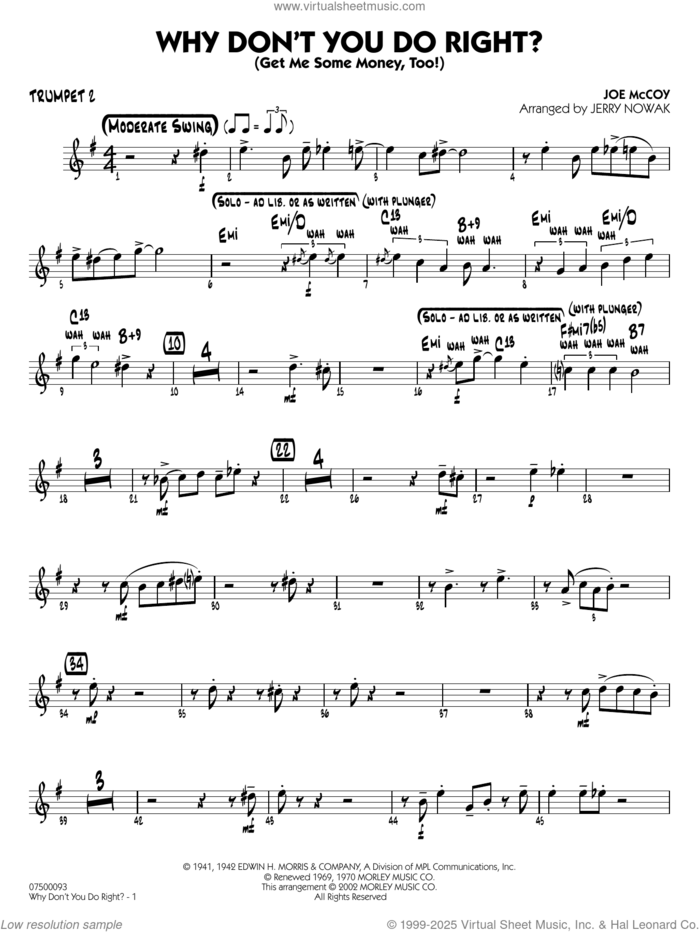 Why Don't You Do Right (arr. Jerry Nowak)  sheet music for jazz band (trumpet 2) by Peggy Lee, Jerry Nowak and Joe McCoy, intermediate skill level