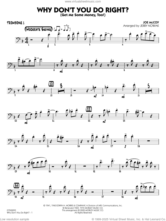 Why Don't You Do Right (arr. Jerry Nowak)  sheet music for jazz band (trombone 1) by Peggy Lee, Jerry Nowak and Joe McCoy, intermediate skill level