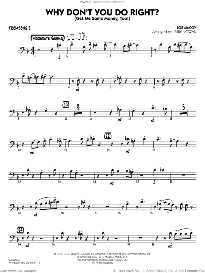 Why Don't You Do Right (arr. Jerry Nowak)  sheet music for jazz band (trombone 2) by Peggy Lee, Jerry Nowak and Joe McCoy, intermediate skill level