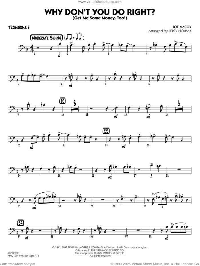 Why Don't You Do Right (arr. Jerry Nowak)  sheet music for jazz band (trombone 3) by Peggy Lee, Jerry Nowak and Joe McCoy, intermediate skill level
