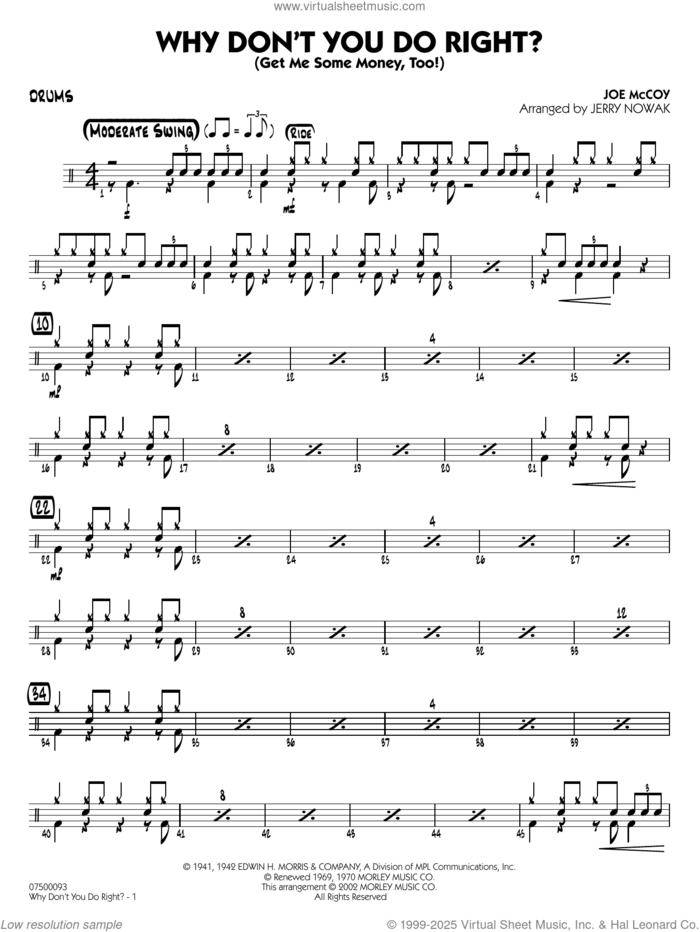 Why Don't You Do Right (arr. Jerry Nowak)  sheet music for jazz band (drums) by Peggy Lee, Jerry Nowak and Joe McCoy, intermediate skill level