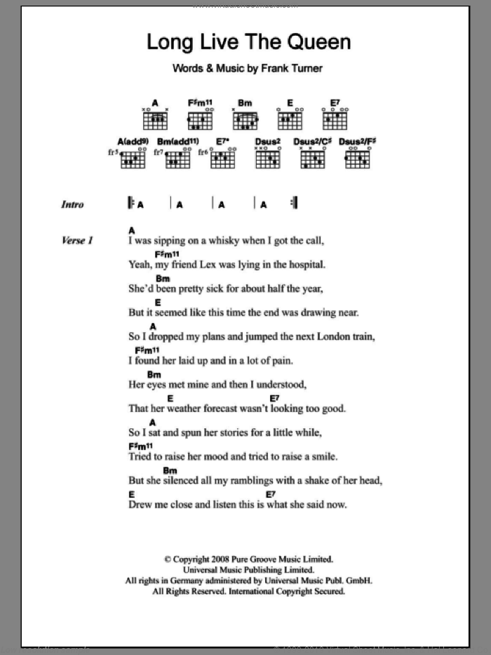 Long Live The Queen sheet music for guitar (chords) by Frank Turner, intermediate skill level