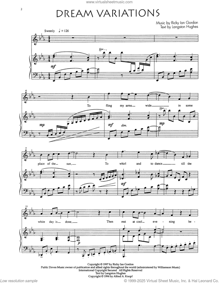 Dream Variations sheet music for voice and piano by Audra McDonald, Langston Hughes and Ricky Ian Gordon, classical score, intermediate skill level