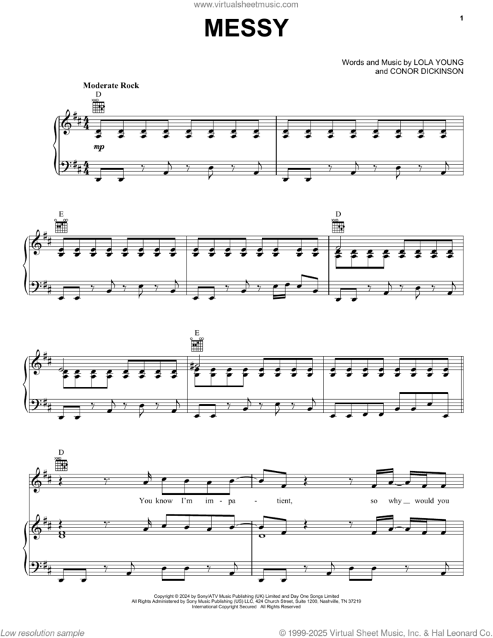 Messy sheet music for voice, piano or guitar by Lola Young and Conor Dickinson, intermediate skill level