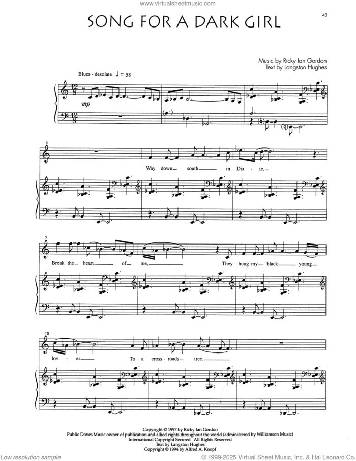 Song For A Dark Girl sheet music for voice and piano by Audra McDonald, Langston Hughes and Ricky Ian Gordon, classical score, intermediate skill level