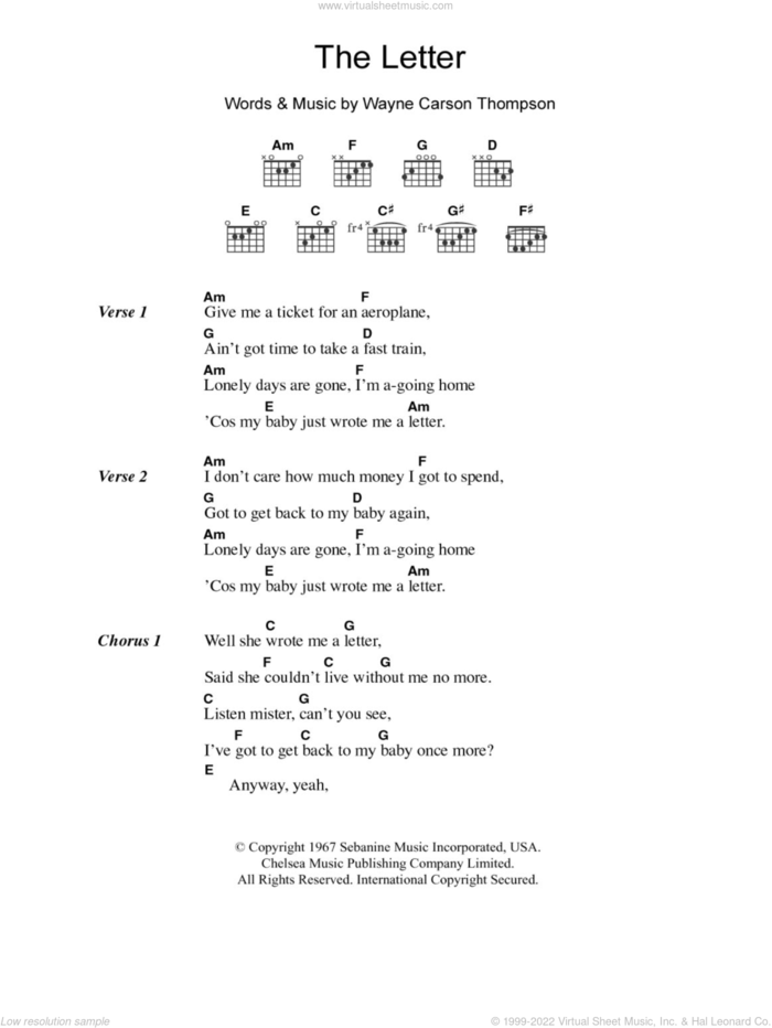 The Letter sheet music for guitar (chords) by The Box Tops and Wayne Carson Thompson, intermediate skill level