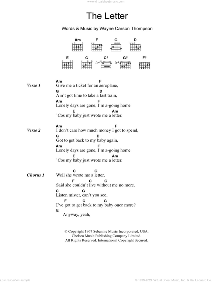 The Letter sheet music for guitar (chords) by The Box Tops and Wayne Carson Thompson, intermediate skill level