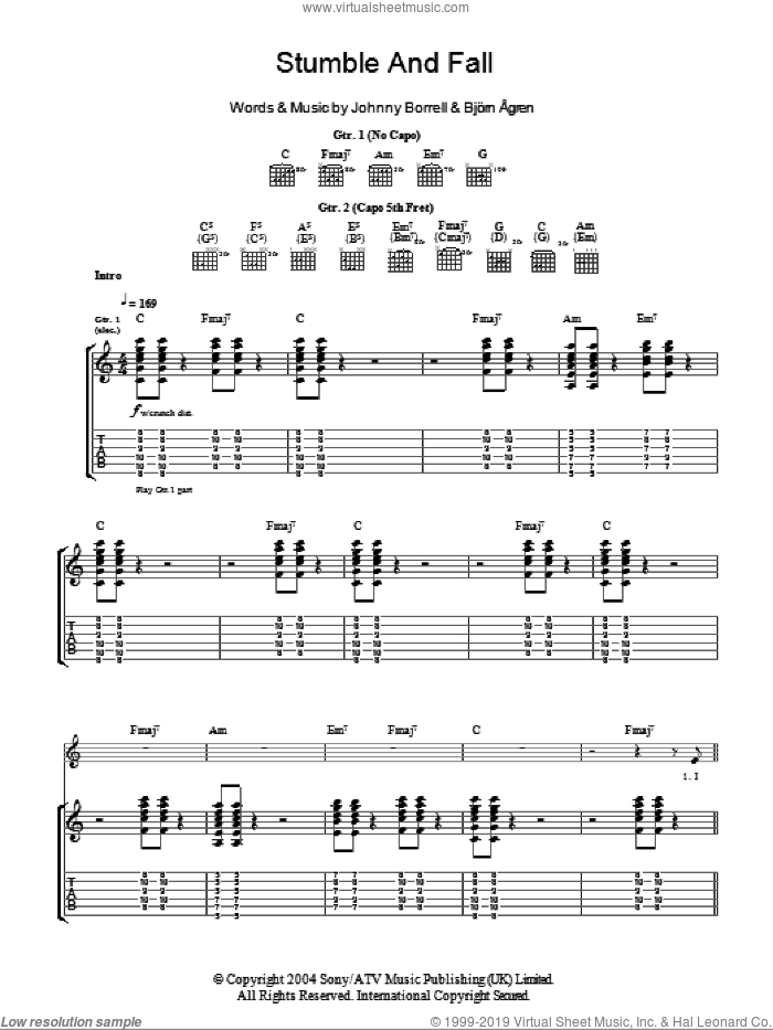 Stumble And Fall sheet music for guitar (tablature) by Razorlight, Bjirn igren, Bjorn Agren and Johnny Borrell, intermediate skill level