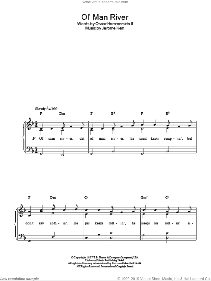 Ol' Man River sheet music for piano solo by Jerome Kern, Show Boat (Musical) and Oscar II Hammerstein, easy skill level