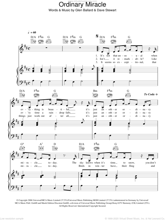 Ordinary Miracle sheet music for voice, piano or guitar by Sarah McLachlan, Dave Stewart and Glen Ballard, intermediate skill level