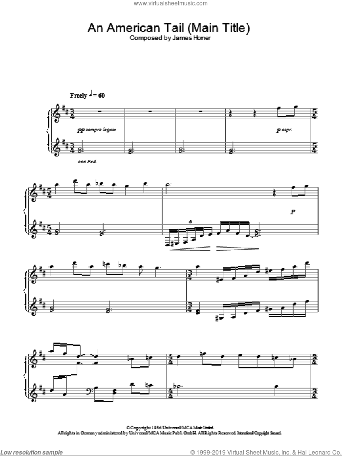 An American Tail (Main Title) sheet music for piano solo by James Horner, intermediate skill level